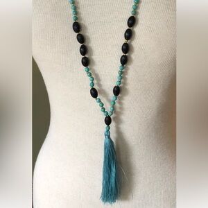 Turquoise and black beaded tassel necklace